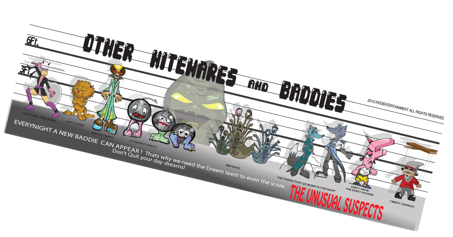 Nitemares, things that go bump in the night, bump 1, bump 2, bumpity bros, bumpkins, kitty litter, toot toot beep beep, boggieman, disco ball cartoons, ann gora, angora, goat girl, bed bugs,nite nite, farts, farty arty, broke wind, breaking wind, creepy crawley, baddies, wolf dressed in sheeps clothing, Saddler Ward